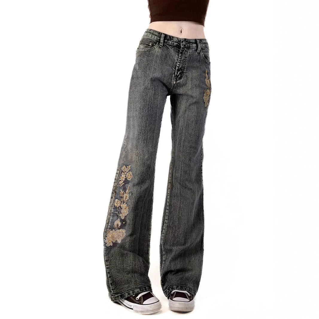 American street western denim style plant flower embroidery low waist micro pull pants Spice girl washed as old casual trousers
