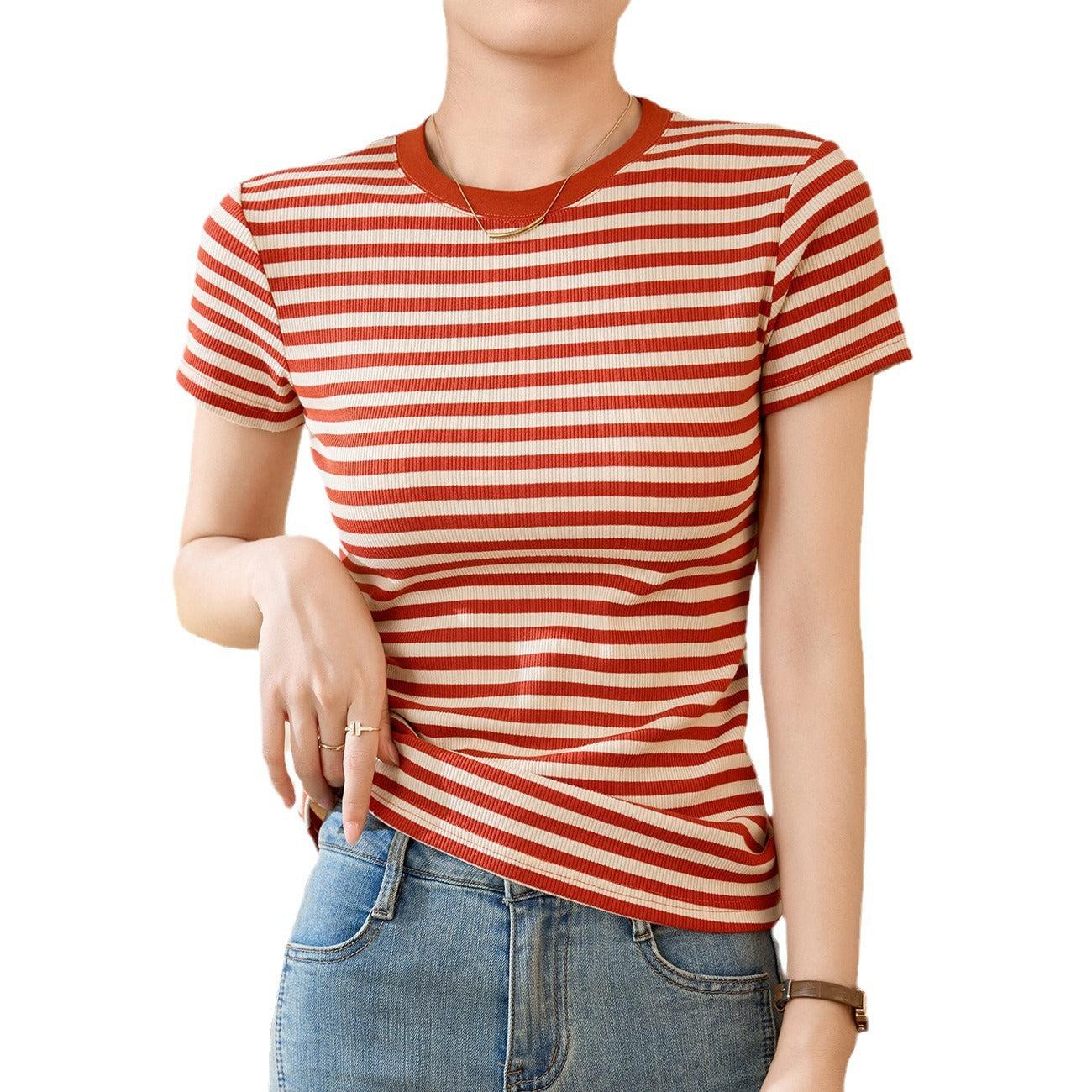 [Use good materials] Striped T-shirt women's summer short-sleeved 2026 new pure cotton retro top slim-fitting and thin bottoming shirt