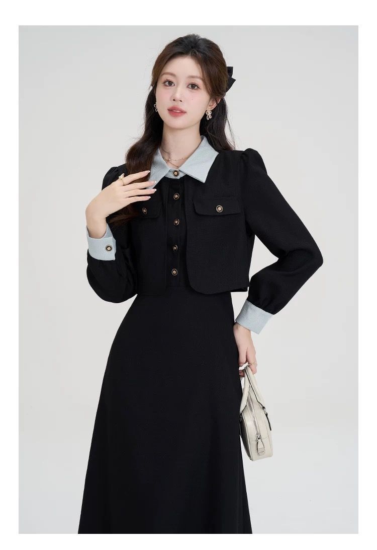French fake two-piece temperament high-end black long-sleeved large size fat mm2025 autumn and winter women's clothing waist dress