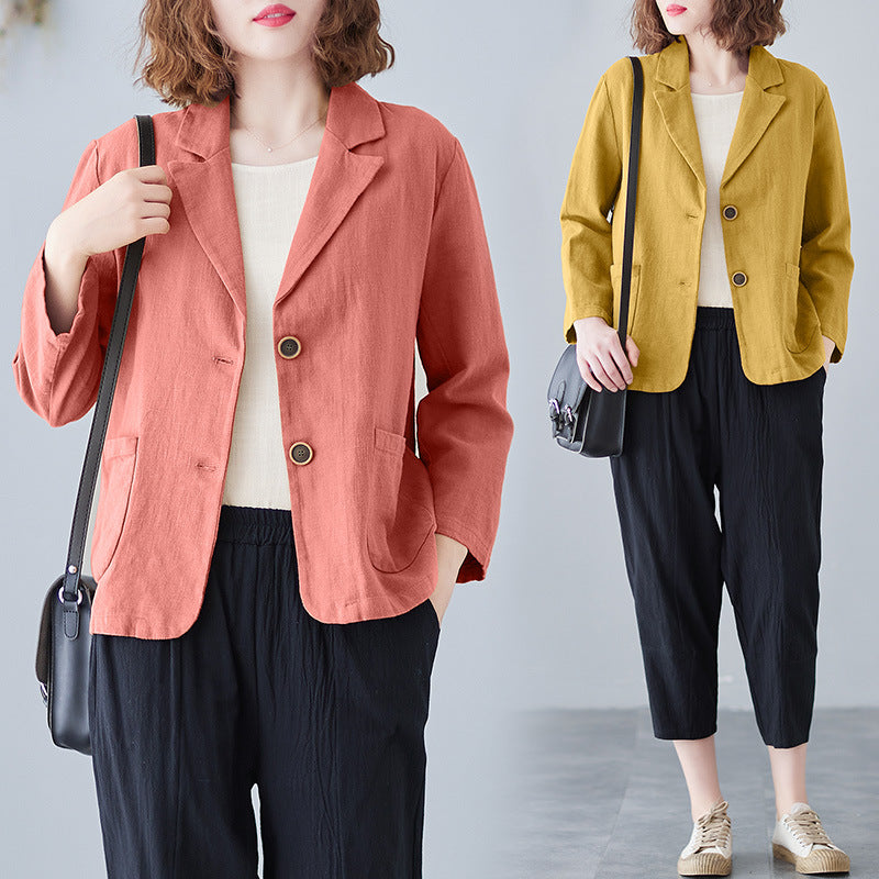 Real shot 2024 autumn new literary and retro loose solid color casual long sleeve button suit short jacket women 6028