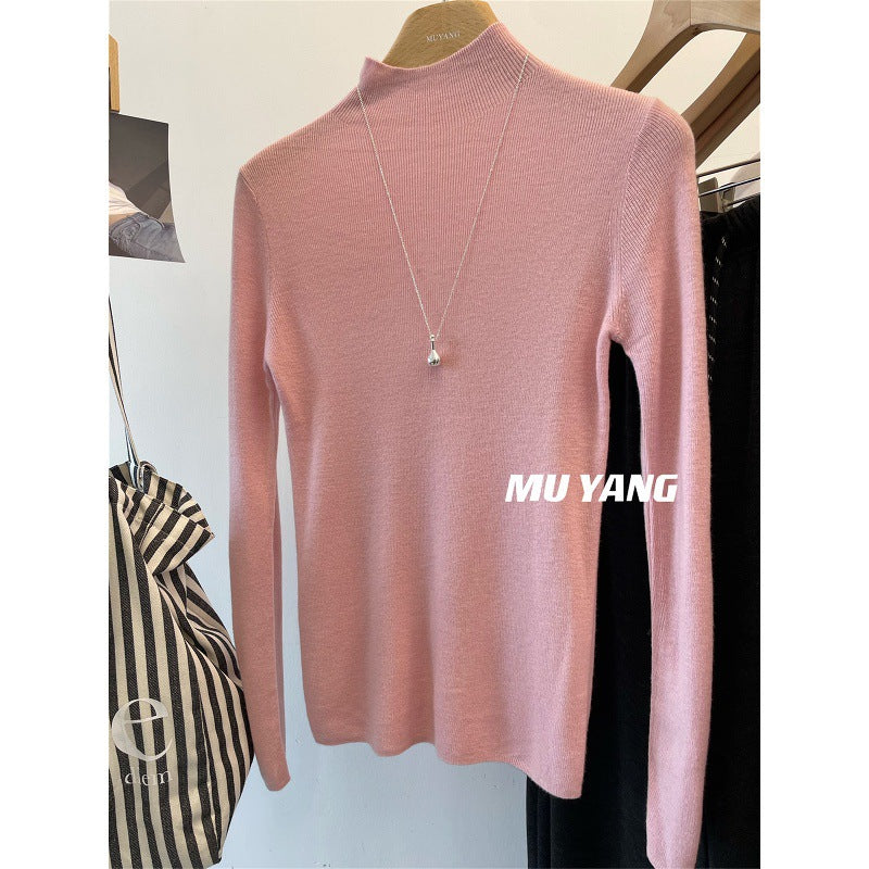 Choose it inside MUYANG! Ultra-fine 100% Merino wool semi-turtleneck knitted sweater women's top bottoming shirt