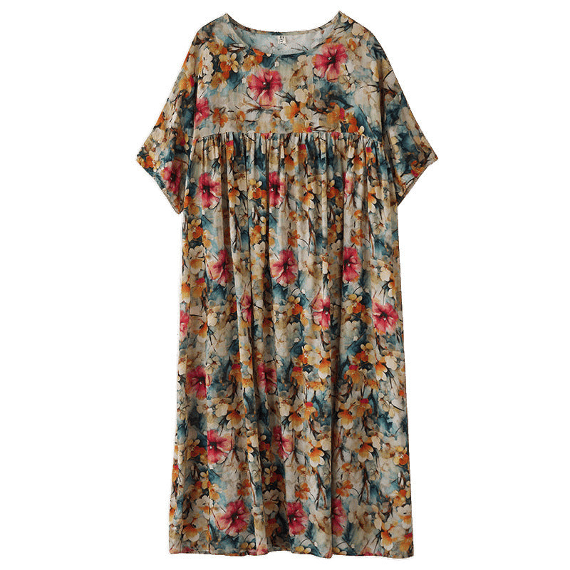 2025 Simple Bohemian Long Dress Summer New Fattened Plus Short Sleeve Crew Neck Printed Dress Women