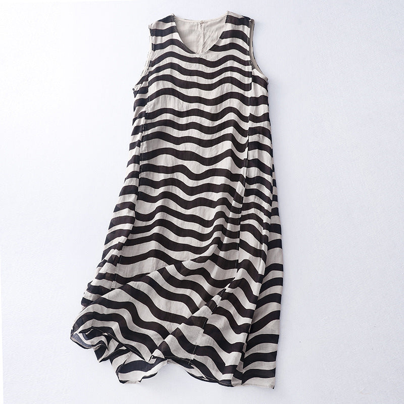 New cotton and linen dark grid 2023 striped single-layer printing light and cool V-neck sleeveless dress women