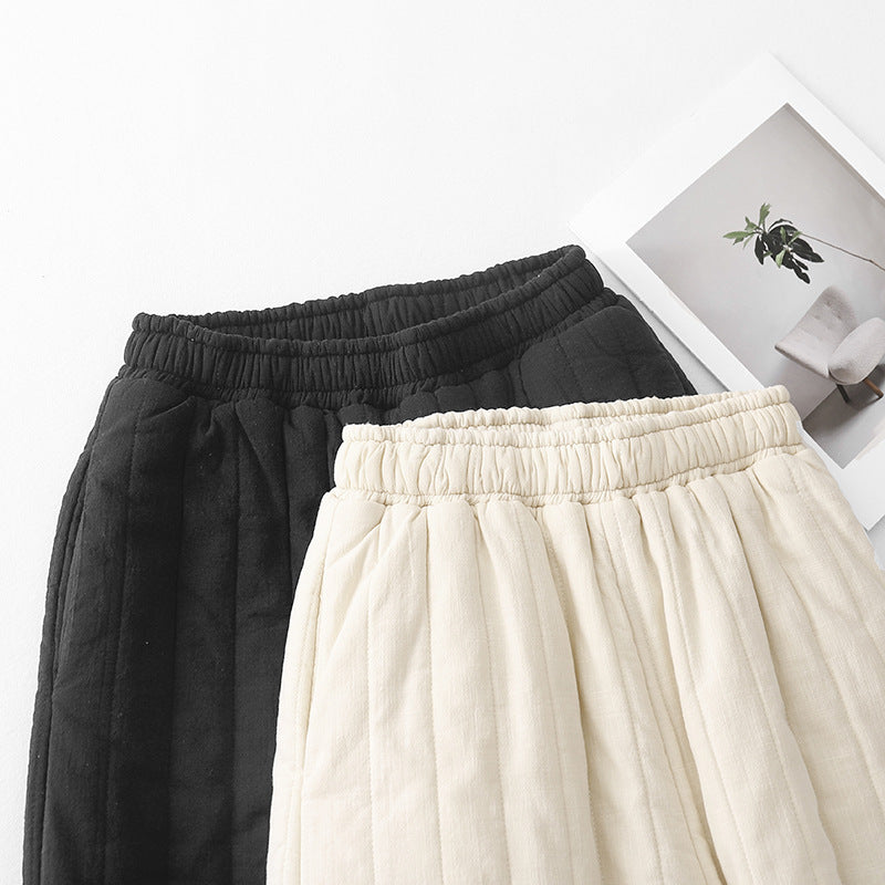 Thickened cotton-padded thermal trousers, new cotton and linen quilted vertical grid casual cotton-padded trousers for women's outer wear in autumn and winter of 2025