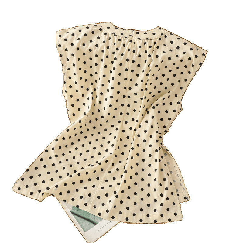 Summer 2025 New Polka Dot Printed Cotton and Linen Top Women's Back Invisible Zipper Split Shirt T-Shirt Women's
