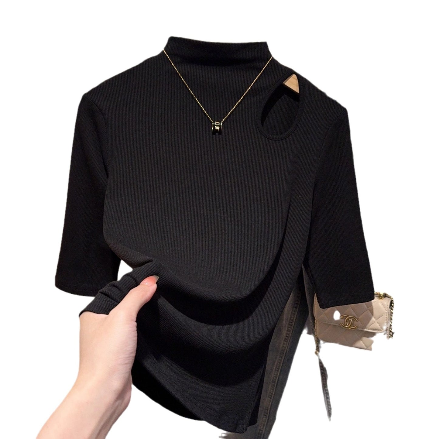 Semi-turtleneck medium-sleeved T-shirt for women's inner wear 2025 spring and summer new threaded hollow bottoming shirt white foreign style top