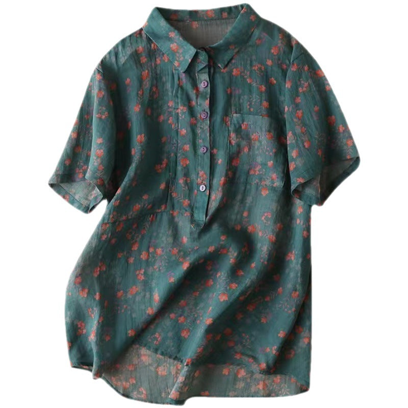 Summer 2025 new literary and thin lapel cotton and linen small floral short-sleeved shirt blouse top #6029