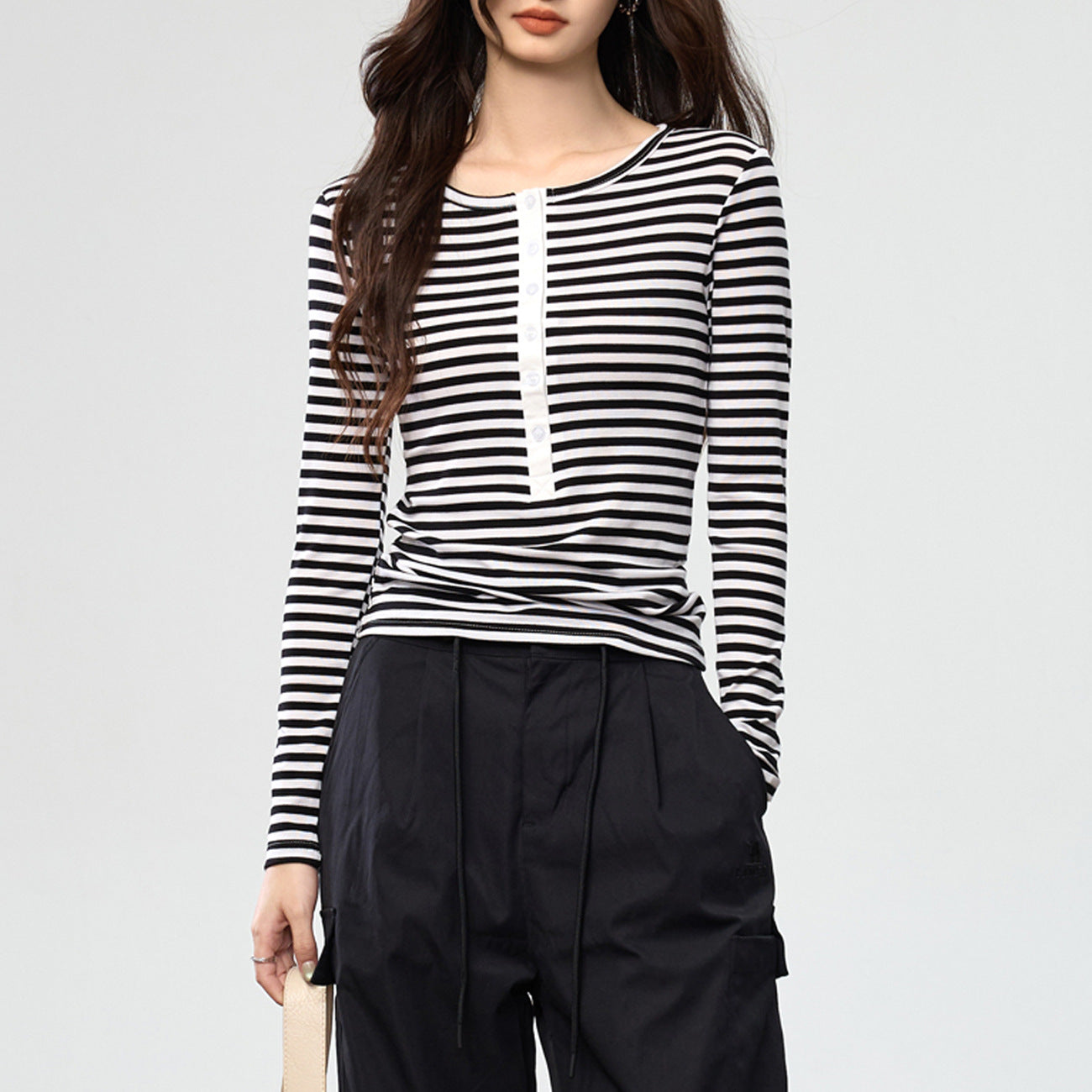 #Tencel Lyocell #Temperament High Sense Black and White Striped Long Sleeve T-Shirt Women's Autumn New Crew Neck Button Top