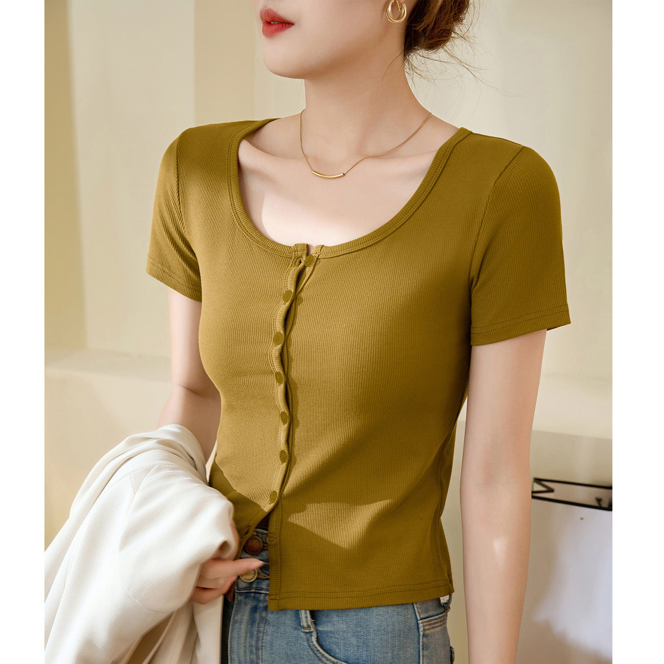 [High quality] Single-breasted button-up T-shirt women's short-sleeved 2026 summer new threaded cotton high-waisted short top