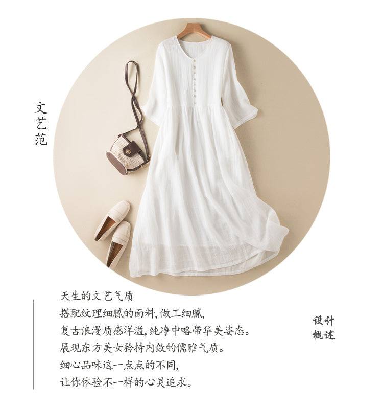 Real shot 2025 summer new literary loose splicing solid color cotton and linen V-neck five-quarter sleeve dress women's medium and long