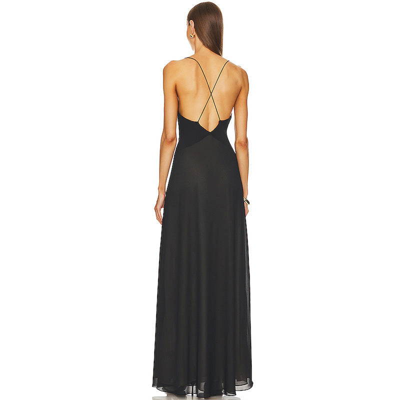 New Amazon sexy deep V-neck decorative flower suspender dress for women, high-end temperament backless banquet dress