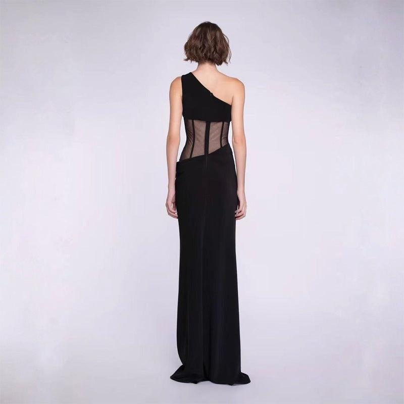 Cross-border European and American stars have the same women's temperament, one-shoulder party evening dress, high-end mesh fishbone waist dress