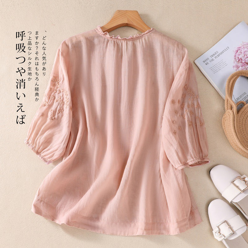 Real shot 2025 summer new literary loose embroidery flower V-neck five-quarter sleeve shirt blouse top #9041
