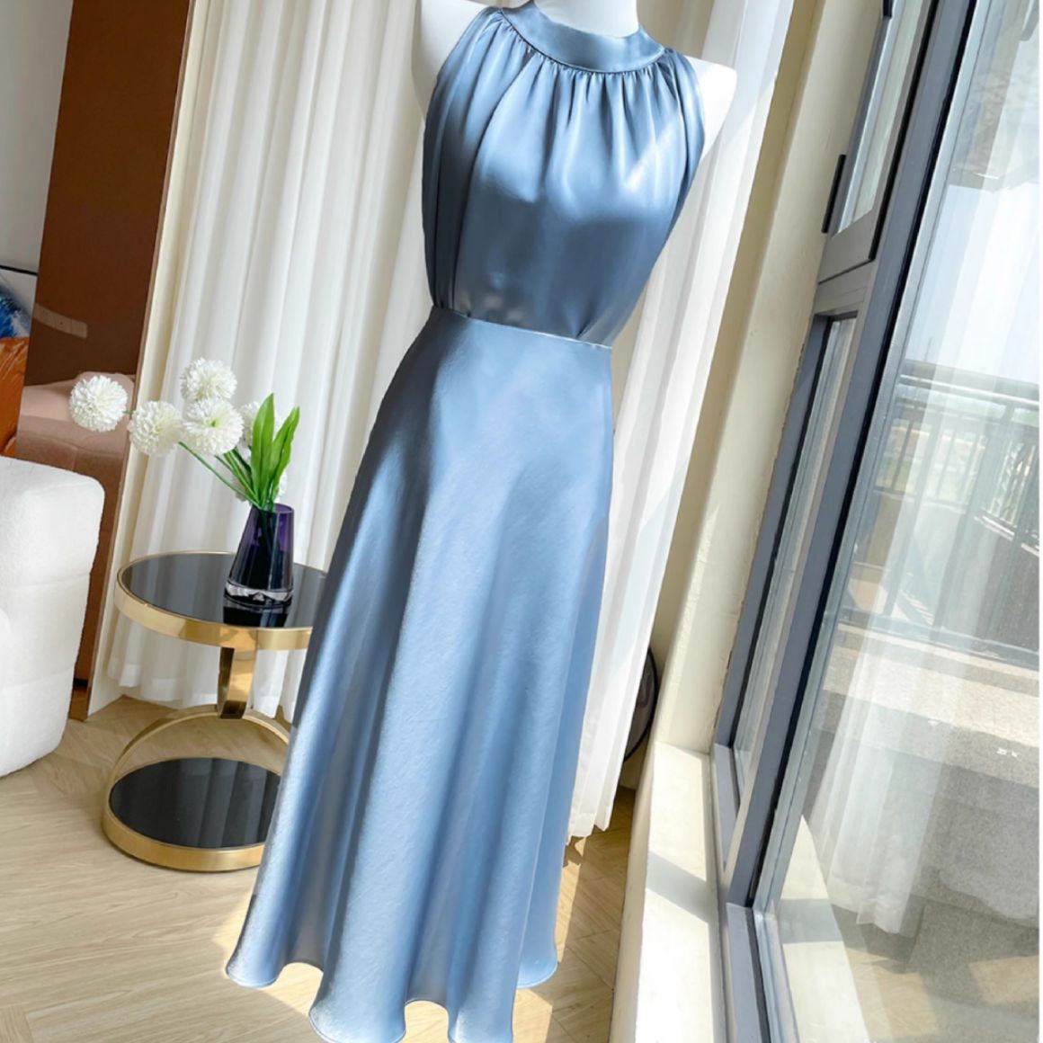 Haute couture real acetic acid satin texture silky off-shoulder top women's summer high-end sense with skirt two-piece suit commute