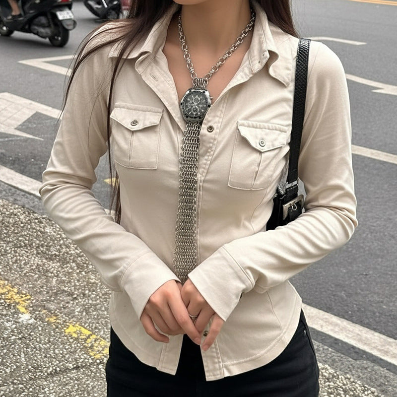 Love cloth forget imperial sister wind lapel collar tooling pocket simple long-sleeved shirt design waist line slim-fitting knitted top