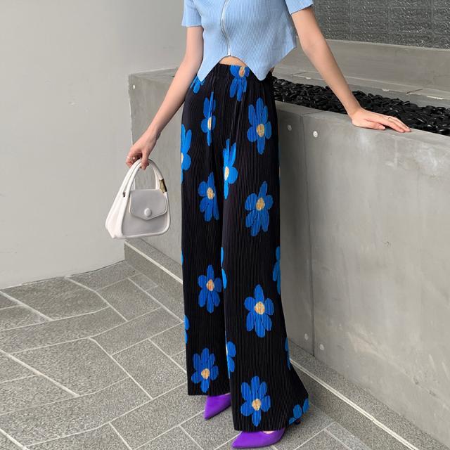 Korean version of women's clothing colored flower printing wide-leg pants high waist drape and thin straight pleated casual pants mosquito-proof wholesale