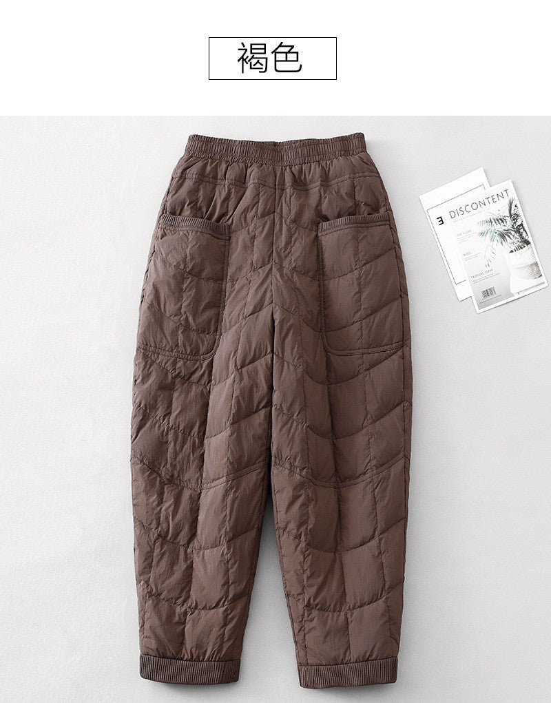 Real shot 2024 winter new solid color threaded splicing padded cotton warm thickened casual pants elastic waist cotton pants women