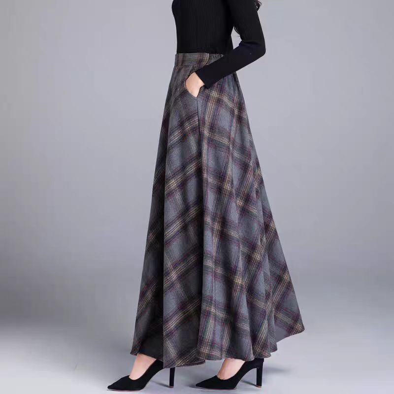 2025 autumn and winter women's new plaid woolen skirt women's high-waisted A-shaped long skirt big swing skirt umbrella skirt
