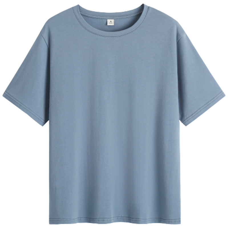 pure cotton loose short-sleeved t-shirt women's meat cover summer solid color summer design sense half-sleeve blue front shoulder thin summer wear