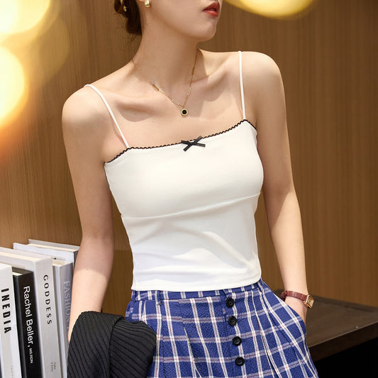 #260G Youke silk, Zhen quality #lace suspender vest women's summer bow Spice girl short inner top