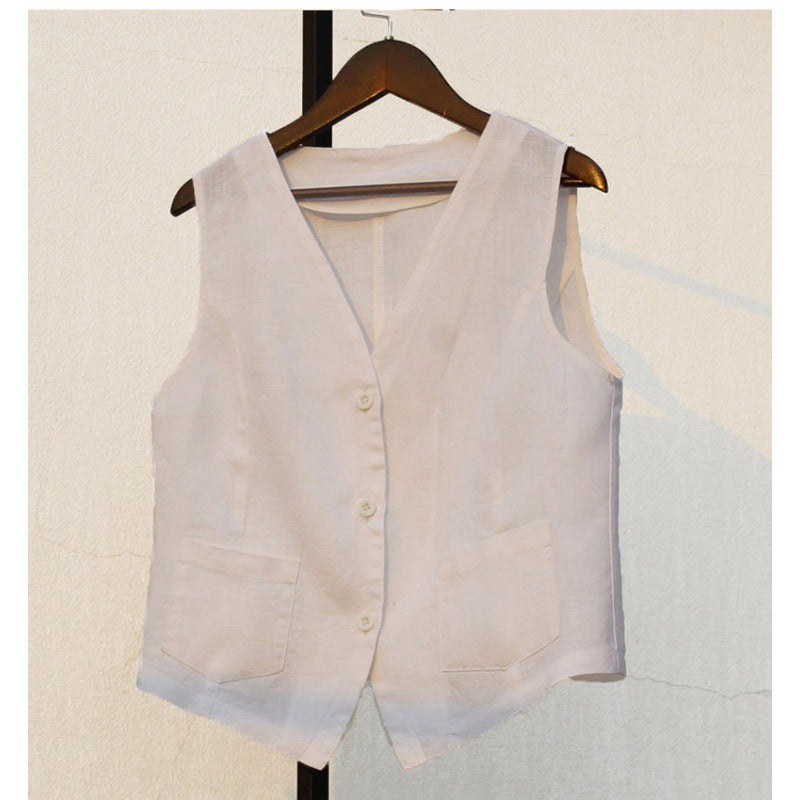 In the summer of 2025, the new literary and loose solid color cotton and linen V-neck vest, vest, women's jacket, vest top #6182