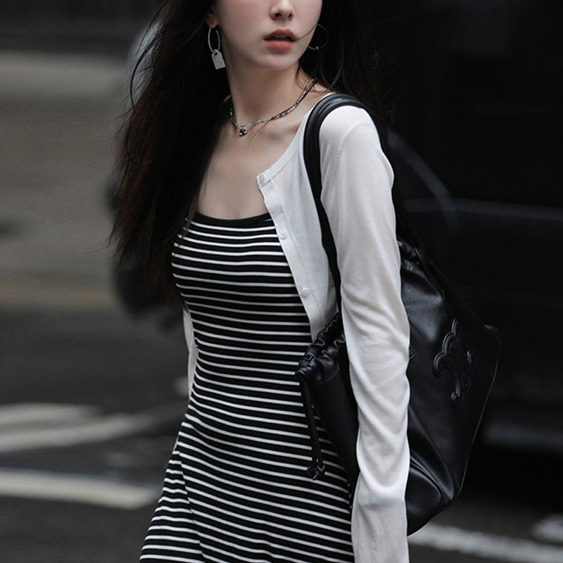 Selection of high-quality striped suspender dress women's summer 2026 new versatile slim vest medium and long skirt