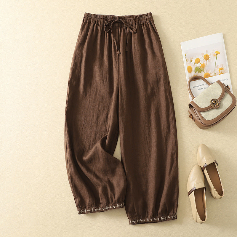 Real shot 2025 summer new cotton and linen retro literary and artistic embroidered bloomers women's lace-up elastic waist loose casual pants