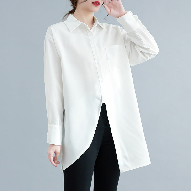 Spring 2025 new loose long-sleeved shirt women's medium and long asymmetrical shirt black top