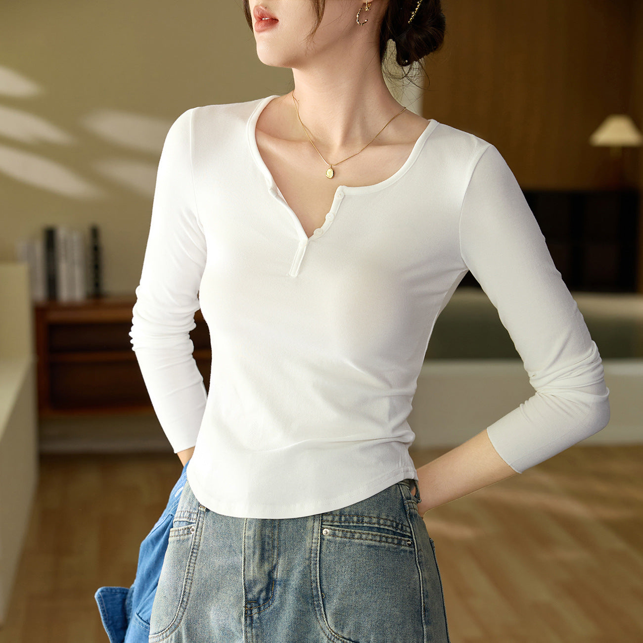 #Quality high-quality #Modal cotton button-up semi-open neck T-shirt women's long-sleeved 2026 autumn new inner bottoming shirt