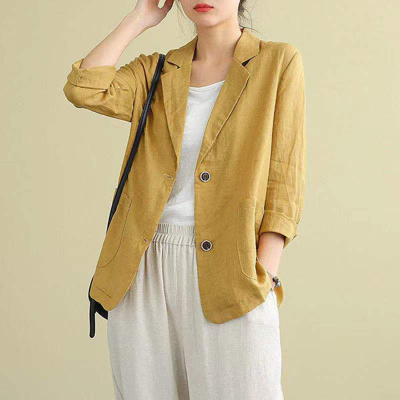 Real shot 2025 spring new literary loose solid color lapel long-sleeved blazer women's outer top 6003
