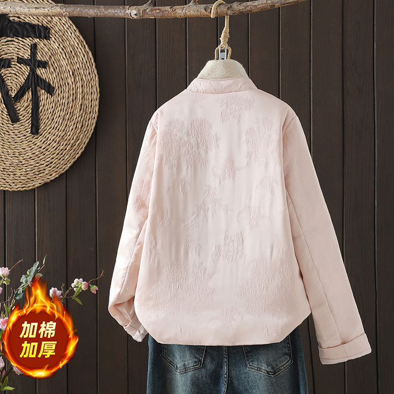 Real shot 2025 winter new literary New Year's greeting clothes new Chinese style cotton clothes satin jacquard jacket women's clothing