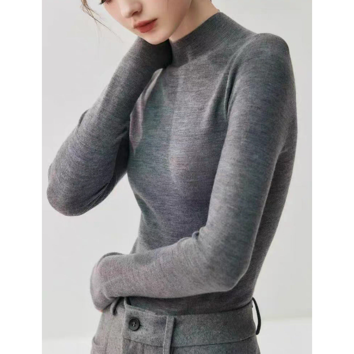 Machine washable! Grey Yangtze yarn worsted 100% wool bottoming shirt women's semi-turtleneck autumn and winter tight knit sweater