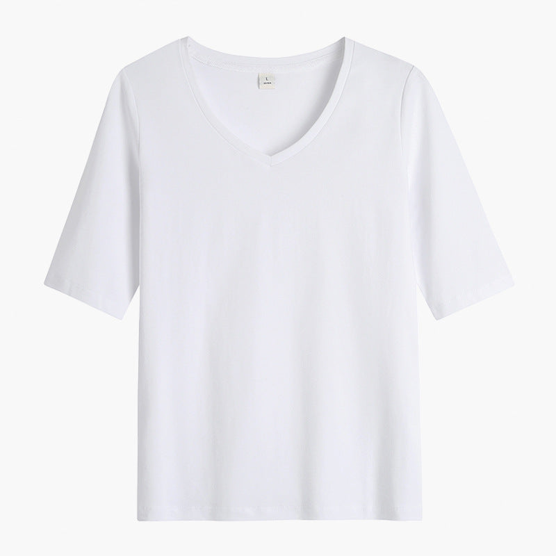 White cotton semi-turtleneck five-quarter-sleeved T-shirt women's medium-sleeved belly-covering bottoming shirt slim-fitting top temperament commuting