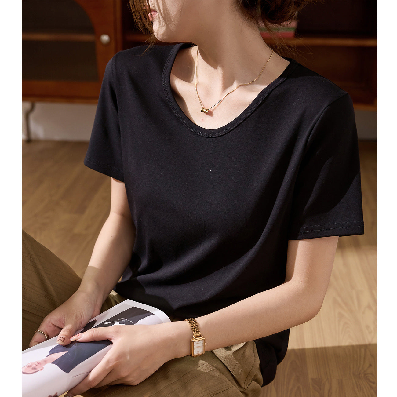 [Selection of pure cotton] Large round neck T-shirt women's summer wear 2026 new short-sleeved loose straight versatile bottoming top