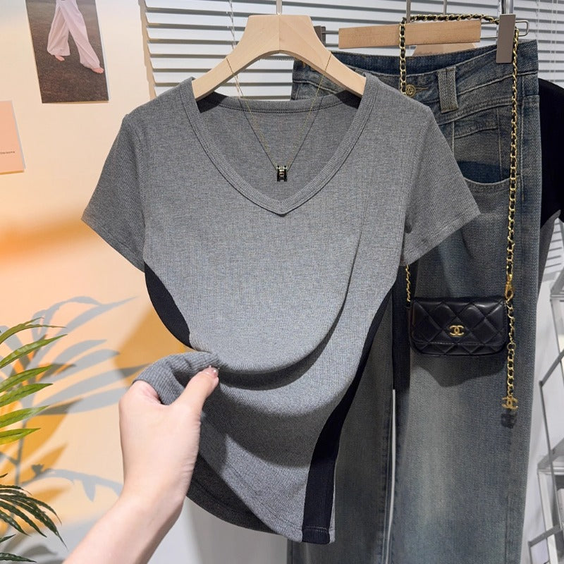 European color matching V-neck short-sleeved T-shirt women's summer new ice silk bottoming shirt with fashionable high-end trend top