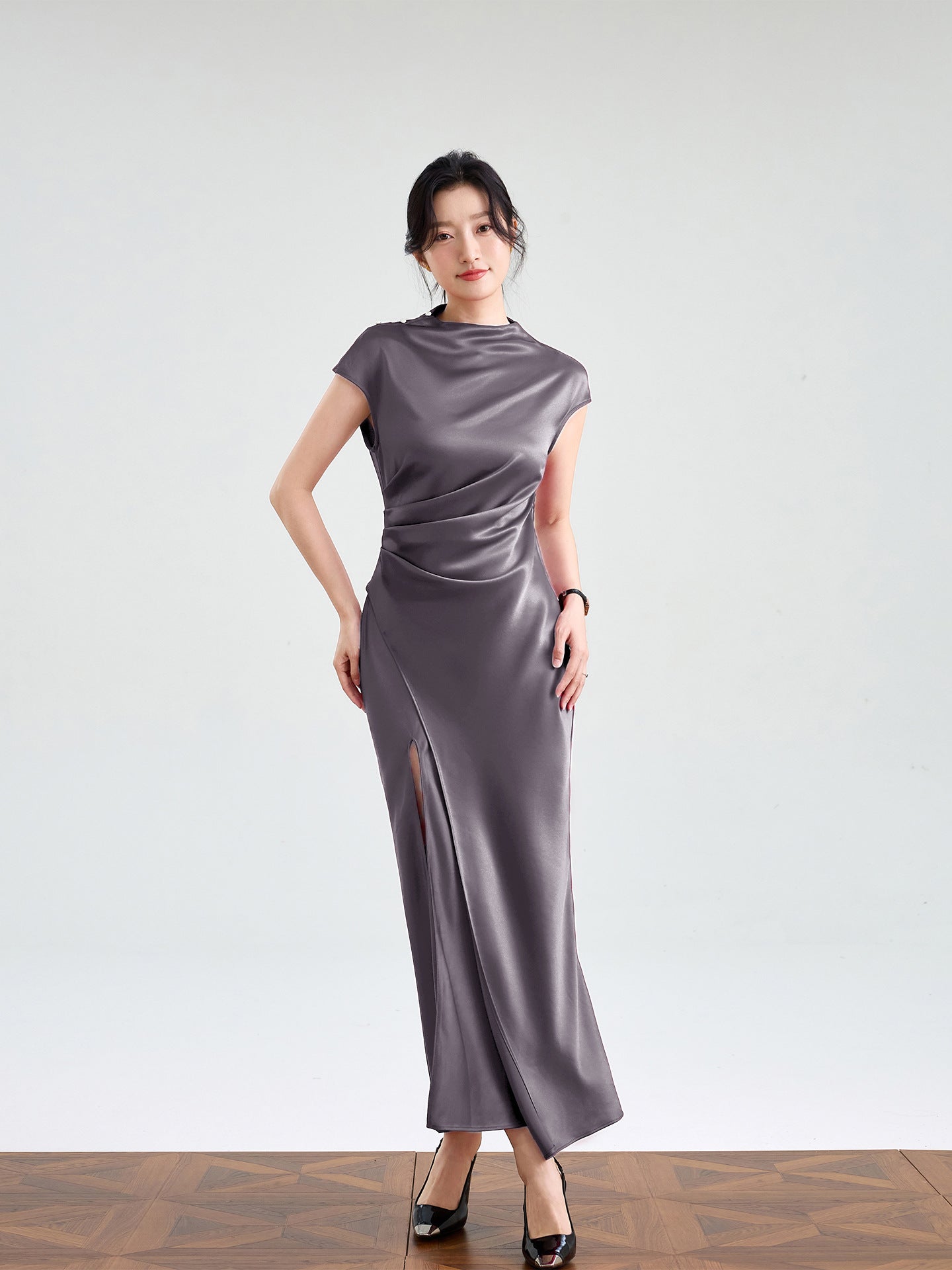 Haute couture imported acetic acid, pure desire style semi-turtleneck satin dress temperament thin split fork fish tail long dress French