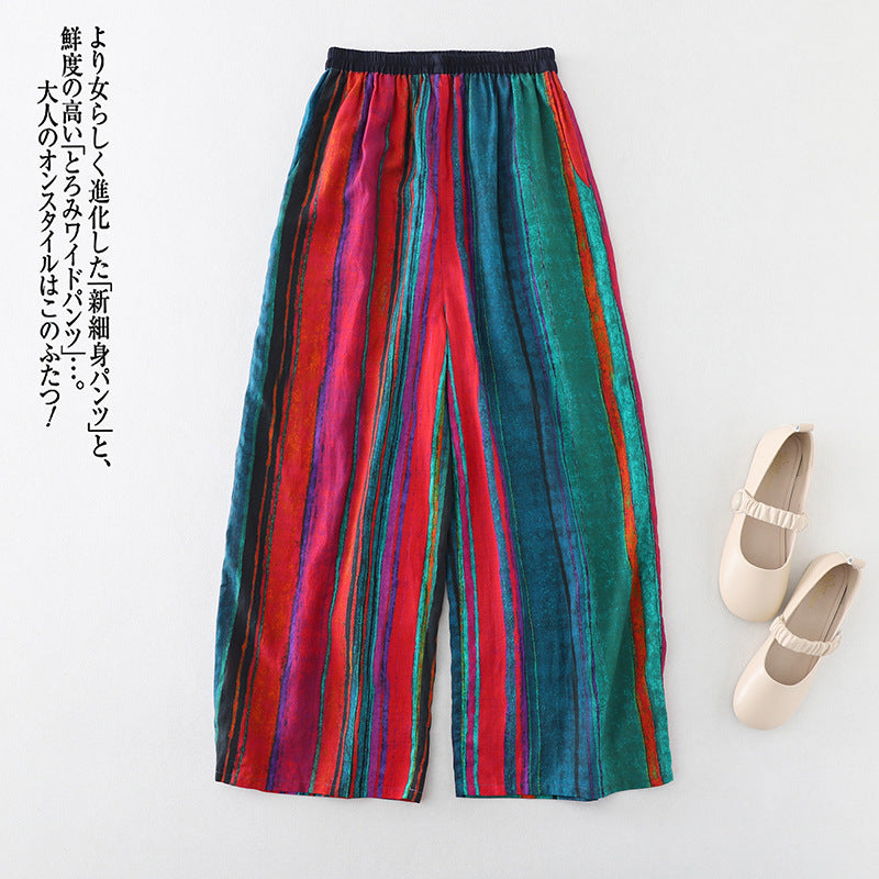 Real shot 2025 summer new literary and leisure vacation style striped cotton and linen elastic waist wide leg trousers women