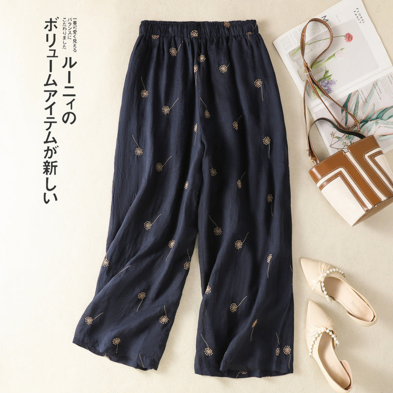 Summer 2025 new cotton and linen retro small polka dot printing wide-leg pants elastic waist casual nine-point straight-leg pants women