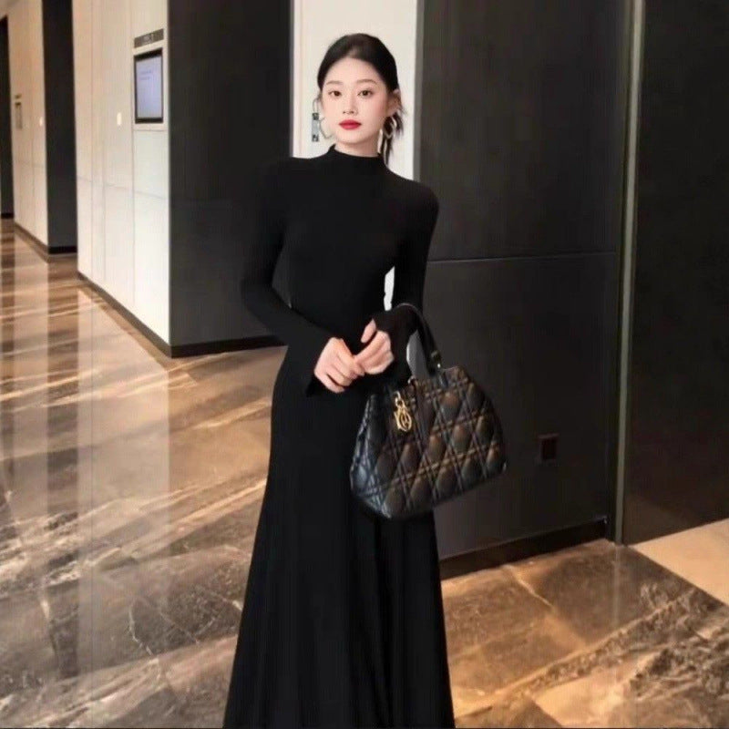 French high-end black long-sleeved dress 2025 autumn and winter new slim-fitting and thin semi-turtleneck bottomed knitted skirt
