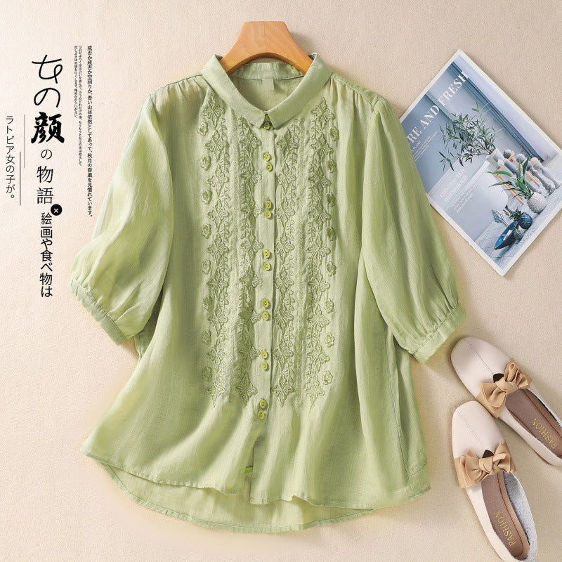 Real shot 2025 summer new literary loose embroidery flower lapel seven-quarter sleeve shirt blouse top #8360