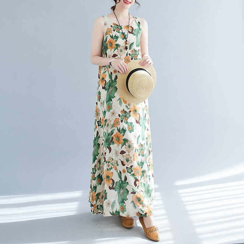 Real shot 2024 summer new bohemian loose cotton and linen printed sleeveless dress women's vest skirt #8611