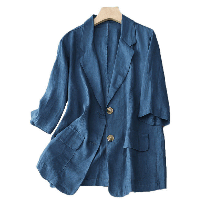 Real shot 2025 summer new literary and retro loose casual seven-quarter sleeve button short jacket women's small suit