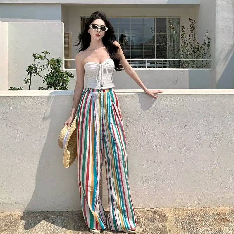 Dopamine Rainbow Stripe High Waist Mopping Casual Pants Women's Summer Seaside Vacation Loose Wide Leg Pants