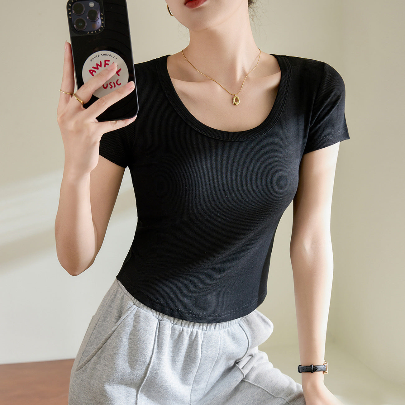 [Use good materials] Curved T-shirt women's short-sleeved 2026 summer new high-elastic threaded cotton short round neck bottoming shirt