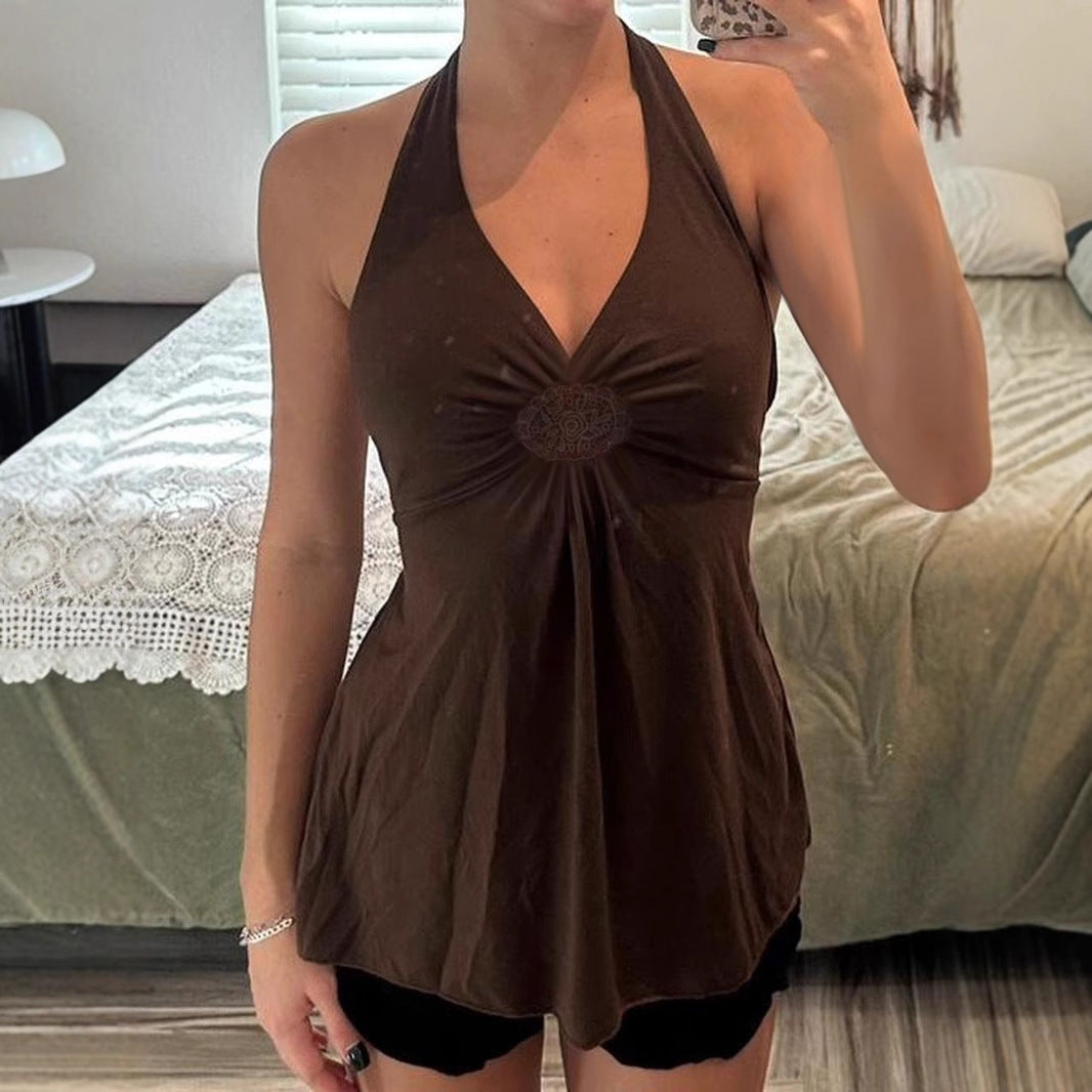 French sexy lace splicing neck halter A pendulum sling vest Spice girl temperament slim knitted top