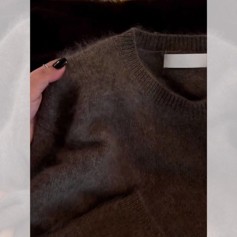 Maillard brown soft waxy mohair crew neck pullover sweater women's autumn and winter outer wear milk fufu thickened knitted top