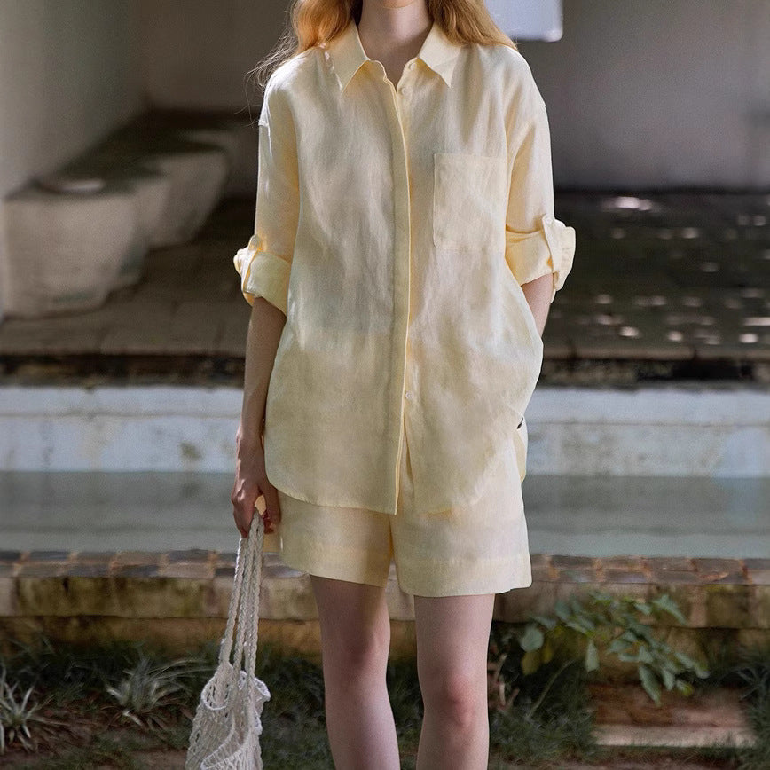 COUNTOME Slack Summer/Lazy Casual Style Full Linen Roll Shirt/Shorts Sunscreen Set