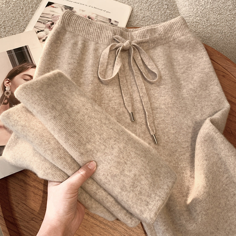 Thickened soft waxy texture 100% wool knitted wide-leg pants women's autumn and winter wear straight cashmere casual drape trousers