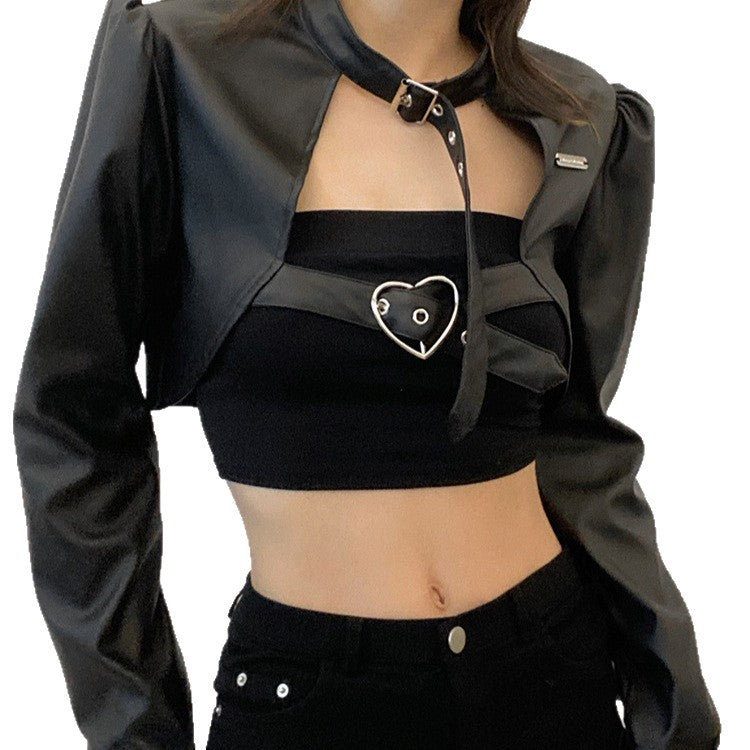 Love cloth forget new female street style hot girl locomotive women's top schoolbag buckle bubble sleeve short leather jacket