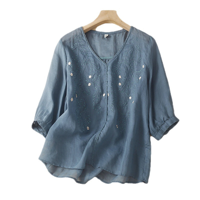 Summer 2024 new literary loose thin cotton and linen embroidered flower V-neck five-quarter sleeve T-shirt women's shirt top